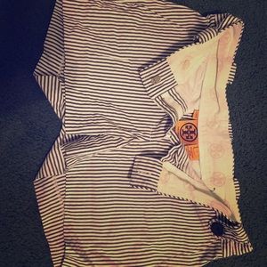 Blue and white high waisted Tory Burch shorts.